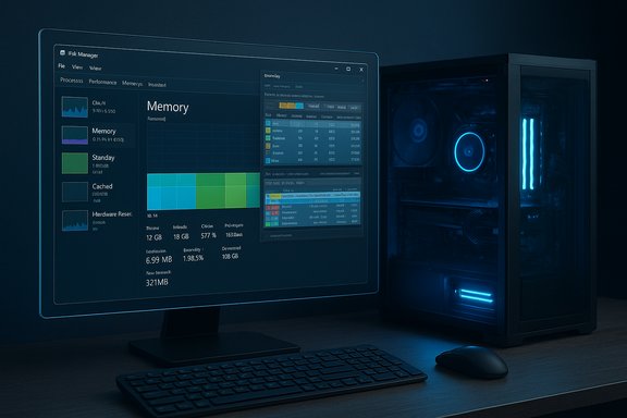 Blue-lit desk setup with a large monitor displaying memory graphs beside a glowing PC tower.