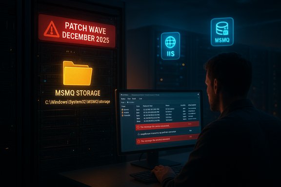 A technician in a dim data center monitors an MSMQ storage patch wave.
