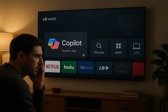 A man watches a large LG webOS screen showing Copilot and streaming apps.