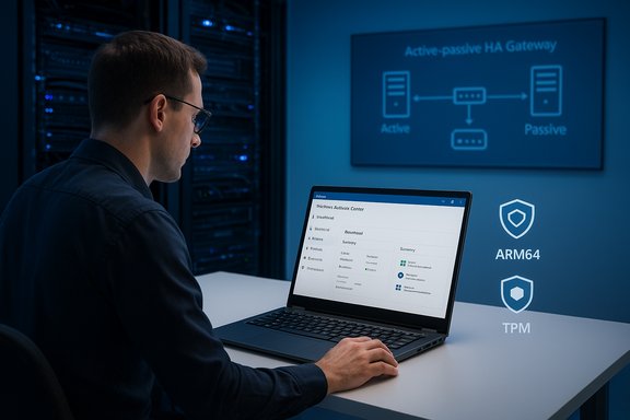IT specialist in a data center working on a laptop beside an Active-Passive HA gateway diagram.