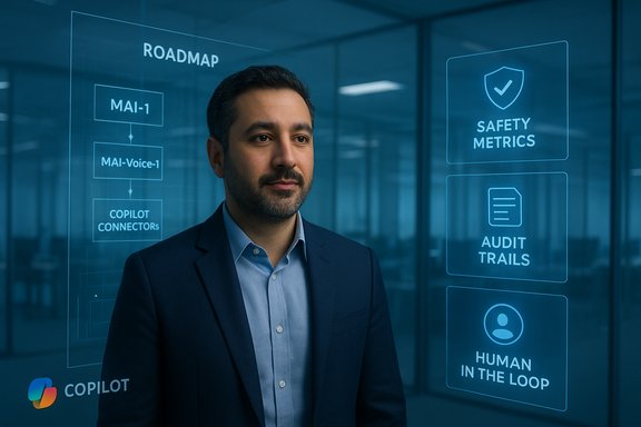 A businessperson stands beside a glass wall displaying a digital roadmap and safety metrics.
