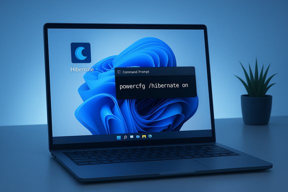 Laptop screen displays a Hibernate icon and a Command Prompt line: powercfg /hibernate on.