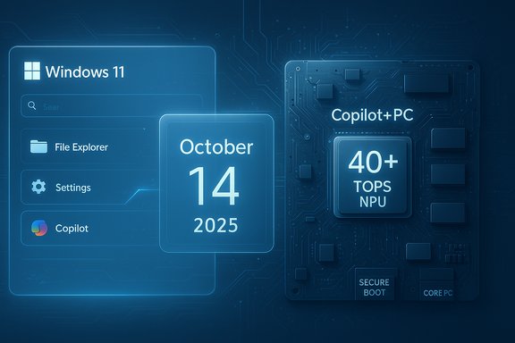Futuristic Windows 11 UI with a Copilot+PC chip and 40+ TOPS NPU on a blue circuit board.