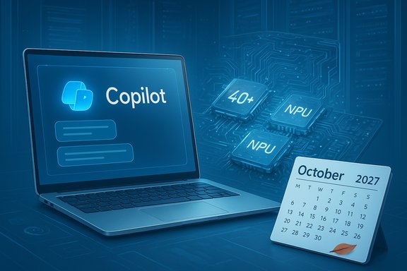 Laptop displays Copilot logo beside a blue circuit board with NPU chips and an October 2027 calendar.