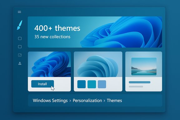 Blue UI mockup showing 400+ themes with thumbnail tiles and an Install button.