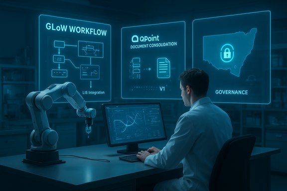 Scientist monitors holographic dashboards as a robotic arm operates in a high-tech lab.