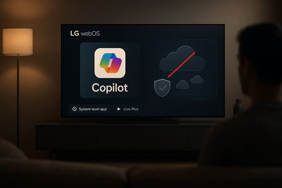 LG webOS TV displays the Copilot app in a cozy living room.