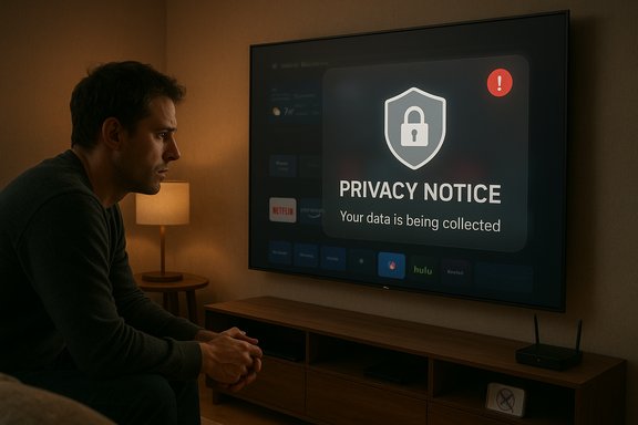 A man in a dim living room watches a large TV displaying a privacy notice.