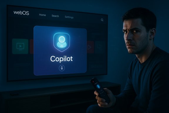 Man in a dark room uses a remote to interact with Copilot on a large webOS TV screen. Man in a dark room uses a remote to interact with Copilot on a large webOS TV screen.