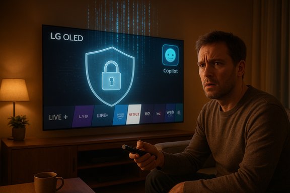 A man sits in a dim living room, staring at an LG OLED TV displaying a glowing shield lock icon.