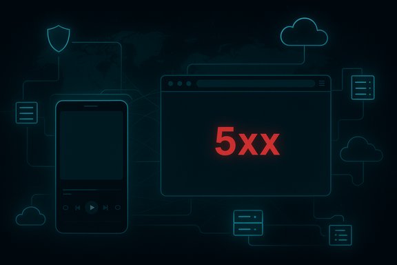Red 5xx error on a browser window amid cloud and device network icons.