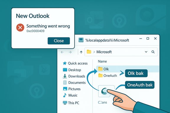 An Outlook error pop-up with 0xc0000409 appears beside a Windows Explorer window showing Microsoft folders.