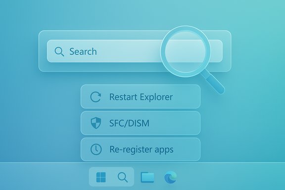 Blue system repair screen with a magnified search bar and options: Restart Explorer, SFC/DISM, Re-register apps.