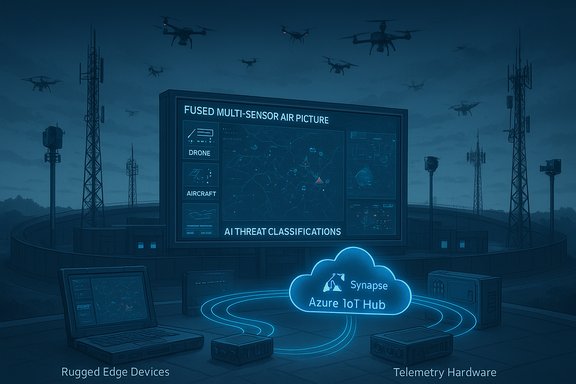 Drones and rugged edge devices feed a fused multi-sensor air picture to the Azure IoT Hub.