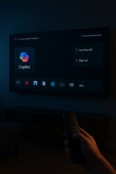 A person uses a remote to control a TV screen displaying the Copilot app.