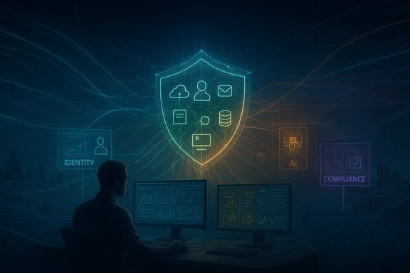 A cybersecurity analyst monitors dashboards beneath a glowing shield emblem.