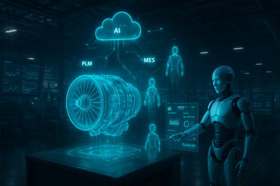 A humanoid robot analyzes holographic AI cloud with PLM/MES data in a futuristic factory.