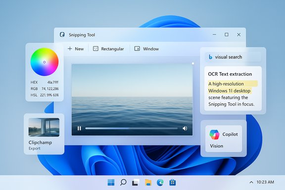 A Windows 11 Snipping Tool screen with floating panels, color picker, OCR text, and a video preview.