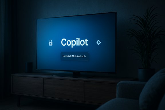 Dim living room with a TV screen displaying Copilot and an “Uninstall Not Available” button.