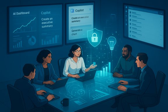 Team in a high-tech meeting room reviews holographic AI dashboards and a security shield.
