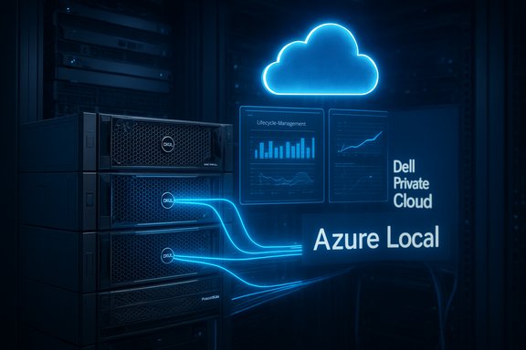 A data center rack with a glowing blue cloud icon and dashboards for Dell Private Cloud and Azure Local.