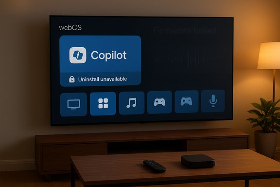 Living room with a wall-mounted webOS TV showing Copilot and an “Uninstall unavailable” message.