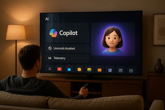 Person on a couch watches a TV displaying an AI Copilot interface with avatar and menu items.