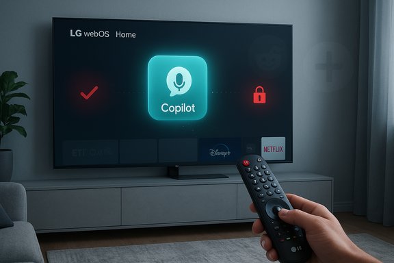 A hand holds a remote, navigating LG webOS Copilot on a large TV.