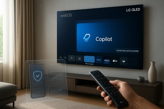 A hand holds a remote as an LG OLED TV on a living room wall shows the Copilot interface on webOS.