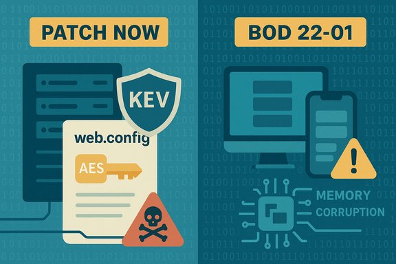 Two-panel illustration showing Patch Now with KEV/web.config and BOD 22-01 memory corruption alert. Two-panel illustration showing Patch Now with KEV/web.config and BOD 22-01 memory corruption alert.