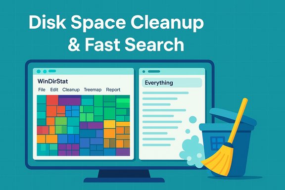 Disk cleanup with fast search: a colorful, tiled disk-usage map on screen.