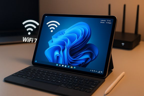A Windows tablet with keyboard and stylus on a desk, showing WiFi 7 connectivity near a router.