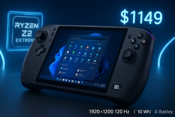 Handheld gaming PC running Windows, shown against a blue neon background.