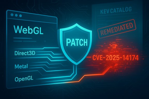 Glowing PATCH shield blocks CVE-2025-14174 amid WebGL and graphics tech.