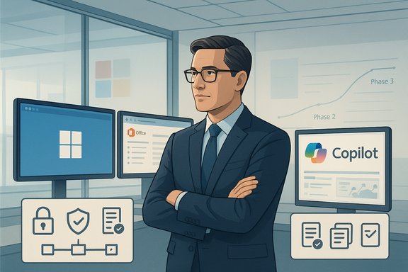 Business executive in a suit stands with arms crossed among multiple monitors in a modern office, Copilot on display.