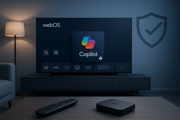 Cozy living room with a large TV displaying the webOS Copilot app.