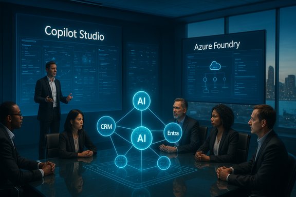Executives review an AI network on a glowing holographic display in a high-tech briefing room.