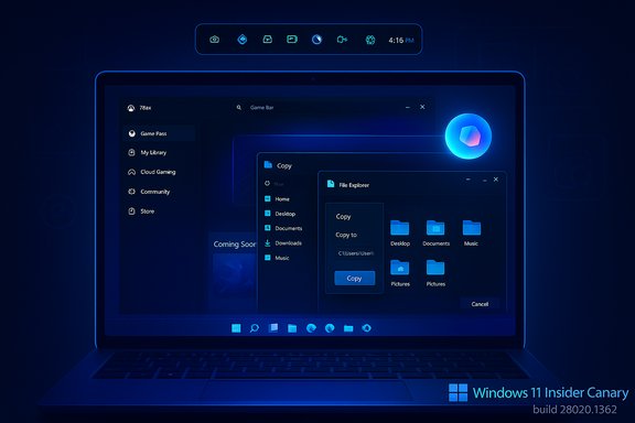 Neon-blue Windows 11 Insider Canary concept shown on a laptop with stacked File Explorer windows.