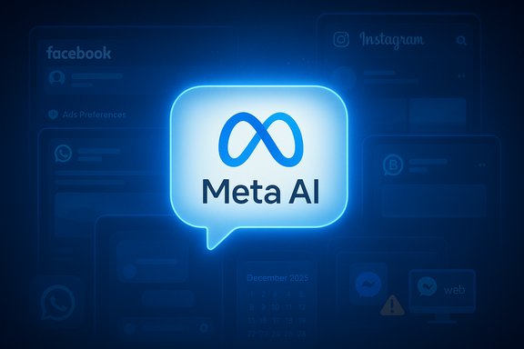Glowing blue Meta AI chat bubble atop a dark backdrop of Facebook and Instagram icons.