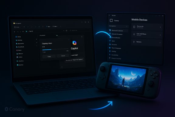Blue-tinted scene of a laptop copying a file, a handheld gaming console, and a monitor labeled Mobile Devices.