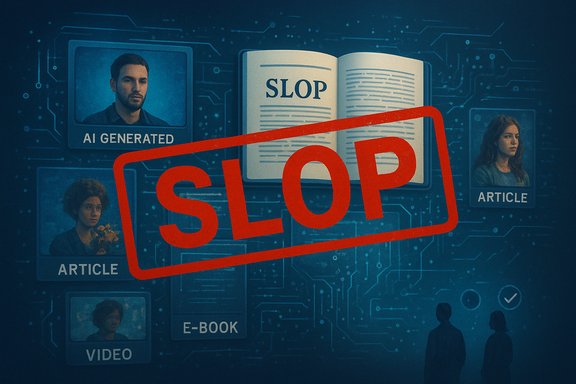 Blue digital collage showing AI-generated media icons—video, article, e-book—with a bold red SLOP stamp.