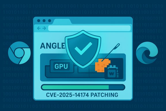 CVE-2025-14174 patching in a browser UI with GPU shield and progress bar.