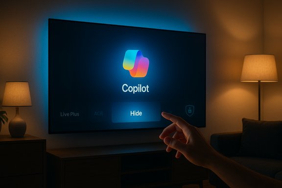 A hand reaches toward a wall-mounted TV displaying Copilot with the Hide button highlighted.