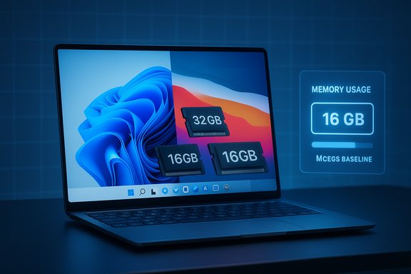 Laptop displays RAM modules labeled 32GB and 16GB with a memory-usage readout of 16 GB.