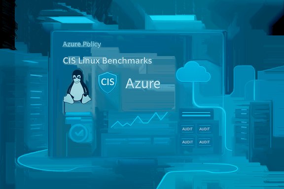 Azure Policy dashboard showing CIS Linux Benchmarks with a Linux penguin and cloud graphics.