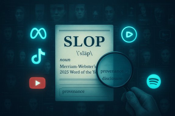 A dictionary card for 'SLOP' with a magnifying glass, set among glowing social-media icons.