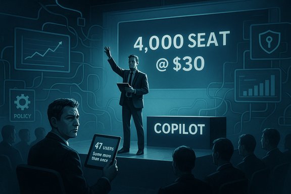 A presenter pitches Copilot on stage, advertising 4,000 seats at $30.