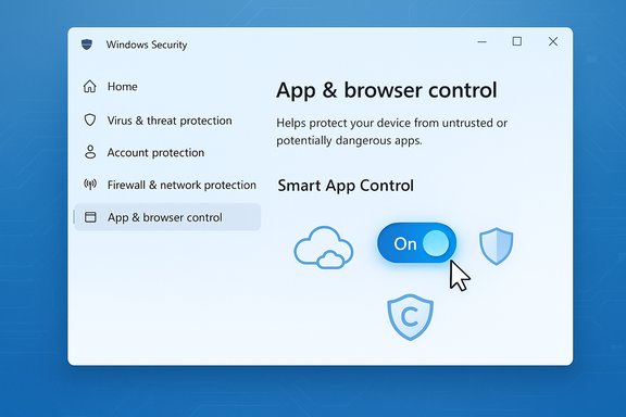 Windows Security app screen showing App & browser control with an On toggle and left menu.