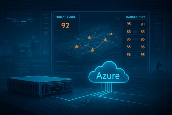 Futuristic Azure cloud dashboard displays threat score 92 with a route map and ranked cues.