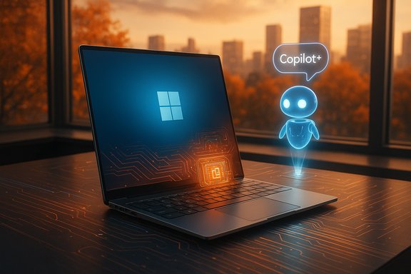 A Windows laptop glows with circuitry while a holographic robot says 'Copilot+'.